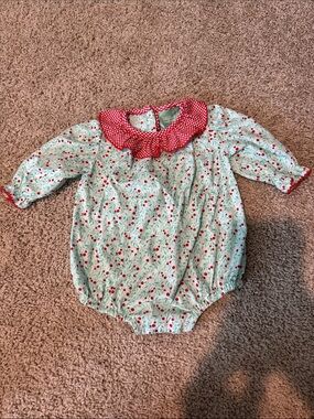 Sage & Lilly baby Red & Mint Cherry Romper with Peter Pan Collar